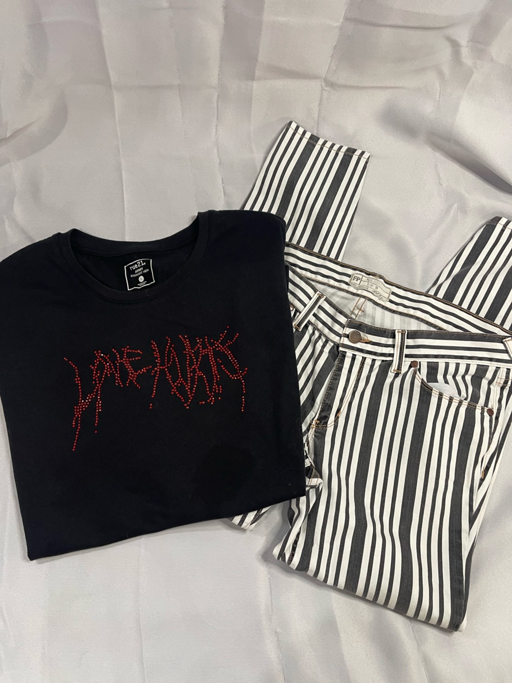 Grunge Rhinestone Graphic Tee + Striped Pants Alt Outfit